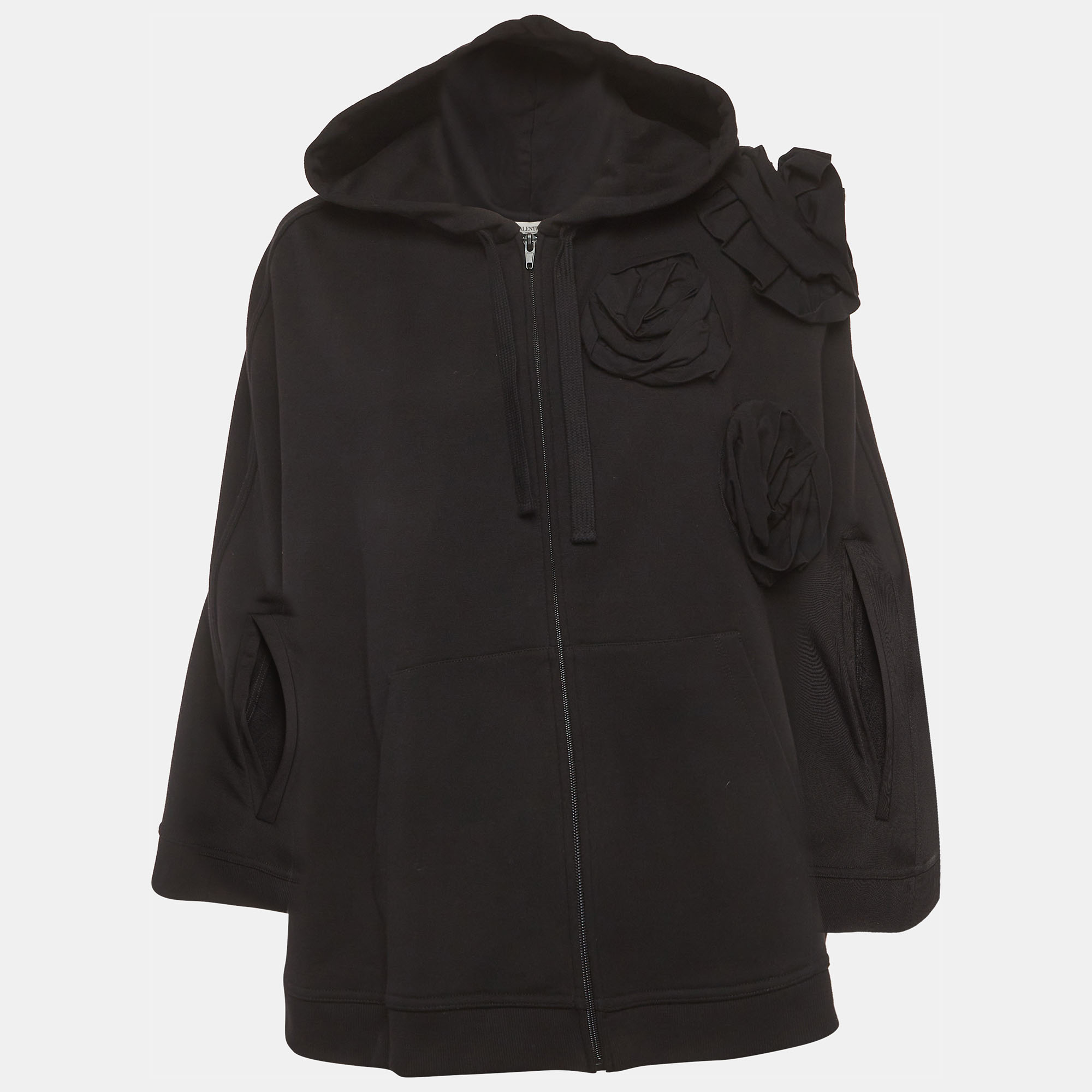 

Valentino Black Cotton Rose Detail Cape Jacket XS