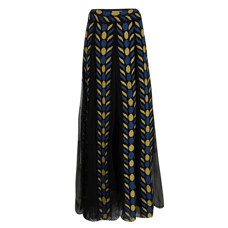 Pre Owned Valentino Black Pleated Organza Contrast Chenille Embroidered Maxi Skirt  M