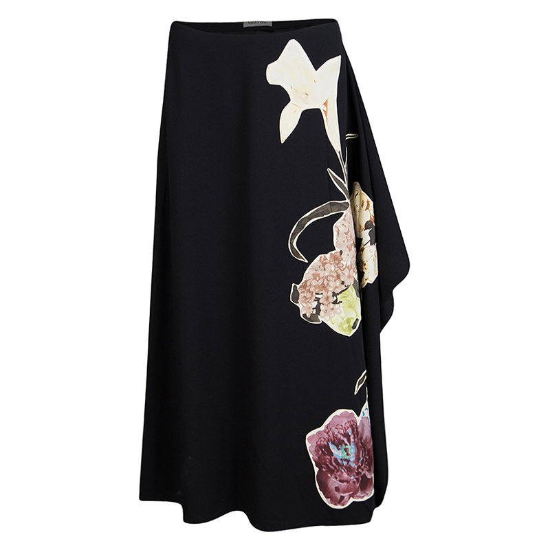 Pre Owned Valentino Black Wool Floral Applique Detail Asymmetric Midi Skirt M