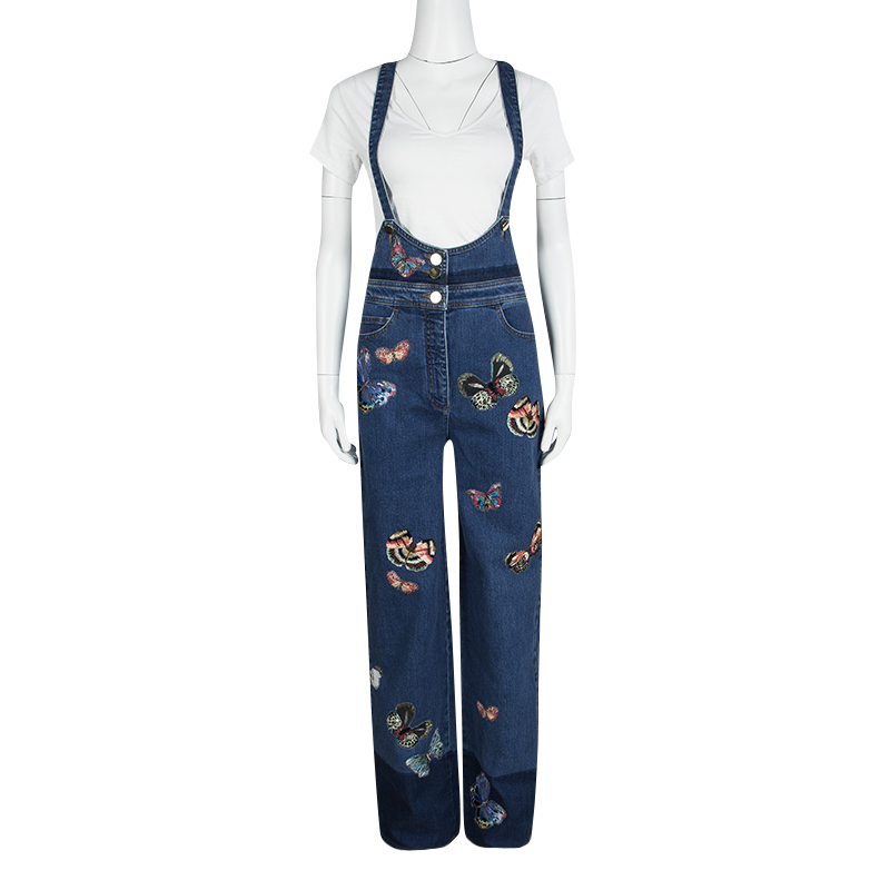 

Valentino Indigo Butterfly Embroidered Denim Bib Overalls, Blue