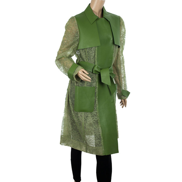 

Valentino Leather & Chantilly Lace Trench Coat, Green