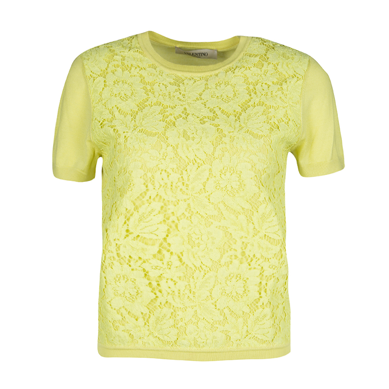 Pre Owned Valentino Yellow Wool Blend Lace Overlay Short Sleeve Top M
