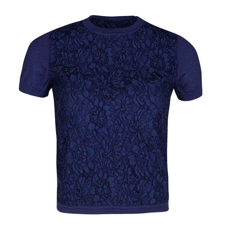 Pre Owned Valentino Navy Blue Wool Blend Lace Overlay Short Sleeve Top S