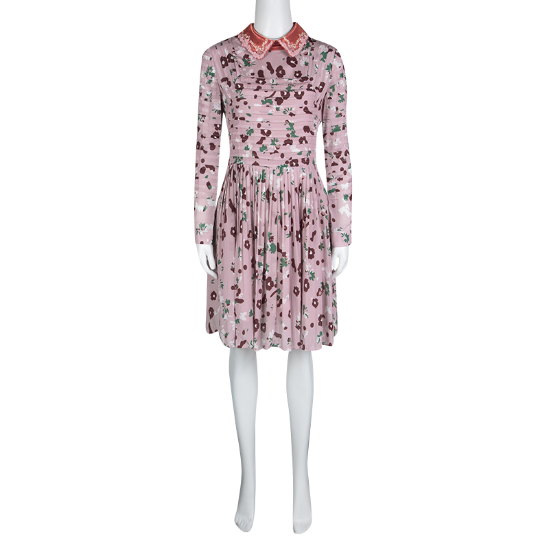 

Valentino Pink Floral Print Contrast Applique Collar Pintuck Detail Dress