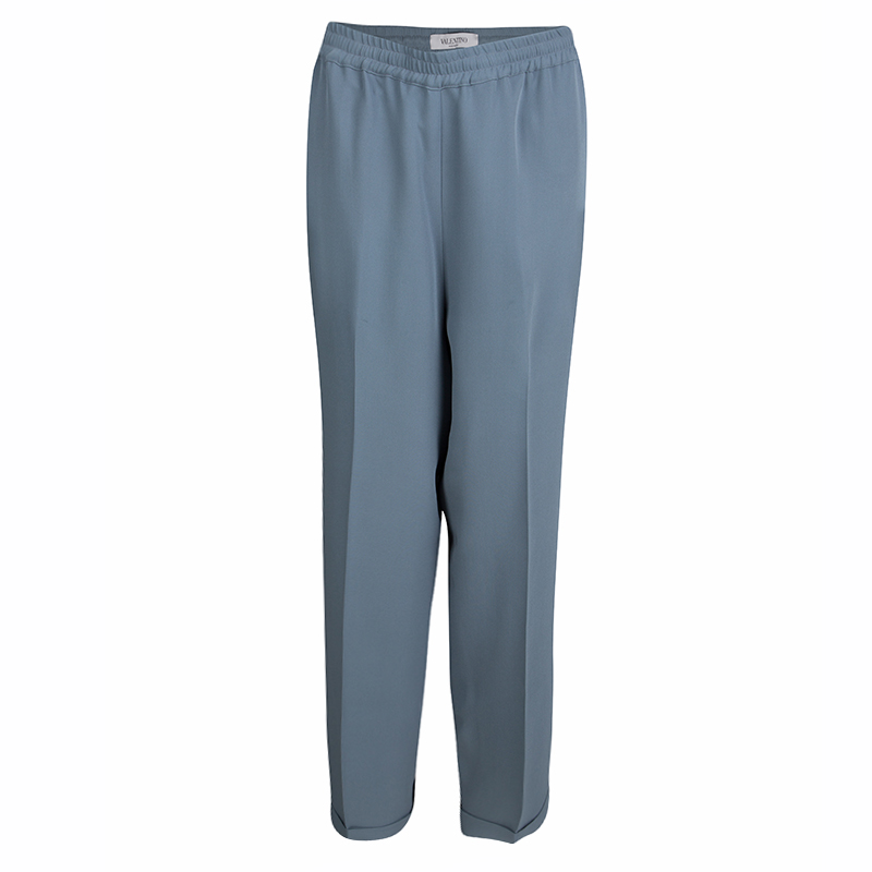 Pre Owned Valentino Grey Drawstring Waist Detail Silk Pants M