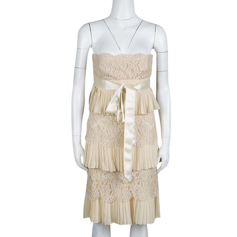 

Valentino Beige Pleats and Lace Tiered Strapless Dress