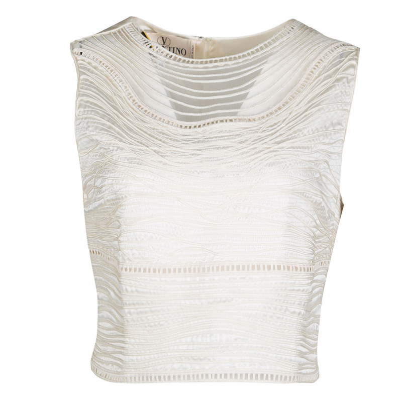 Pre Owned Valentino Boutique Vintage Cream Textured Silk Cutout Detail Sleeveless Crop Top XL