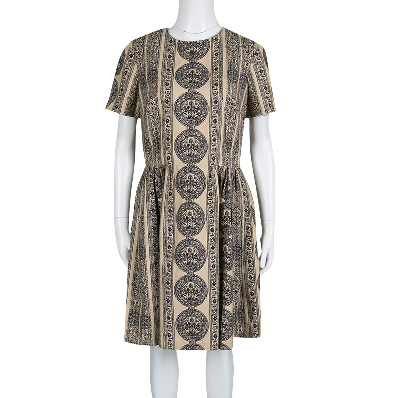 

Valentino Beige Medallion Printed Cotton Pleated Bambolina Dress