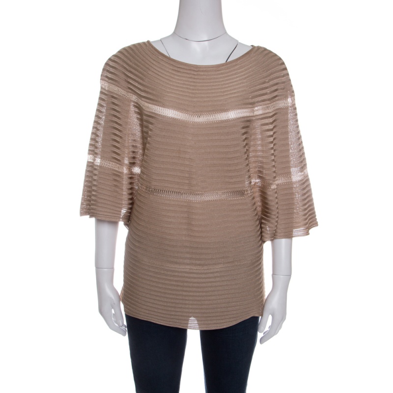 Pre Owned Valentino Beige Rib Knit Short Sleeve Kaftan Top XL