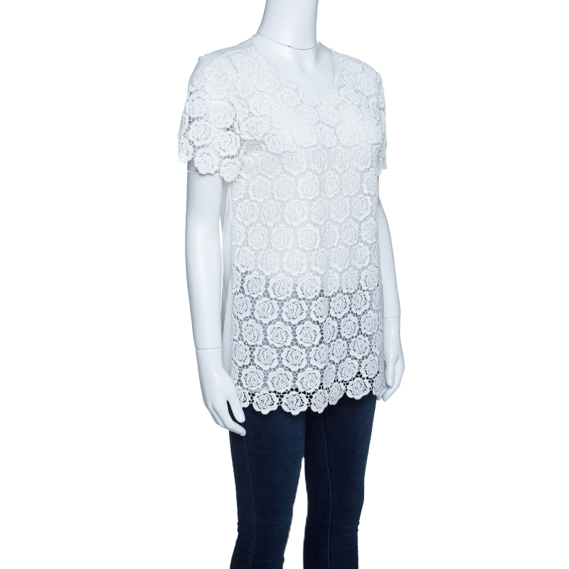 

Valentino T-Shirt Couture Off White Beaded Floral Lace Top