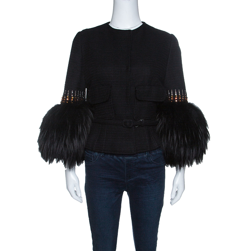 Pre Owned Valentino Black Knit Embellished Faux Fur Cuffed Belted Cropped Jacket M