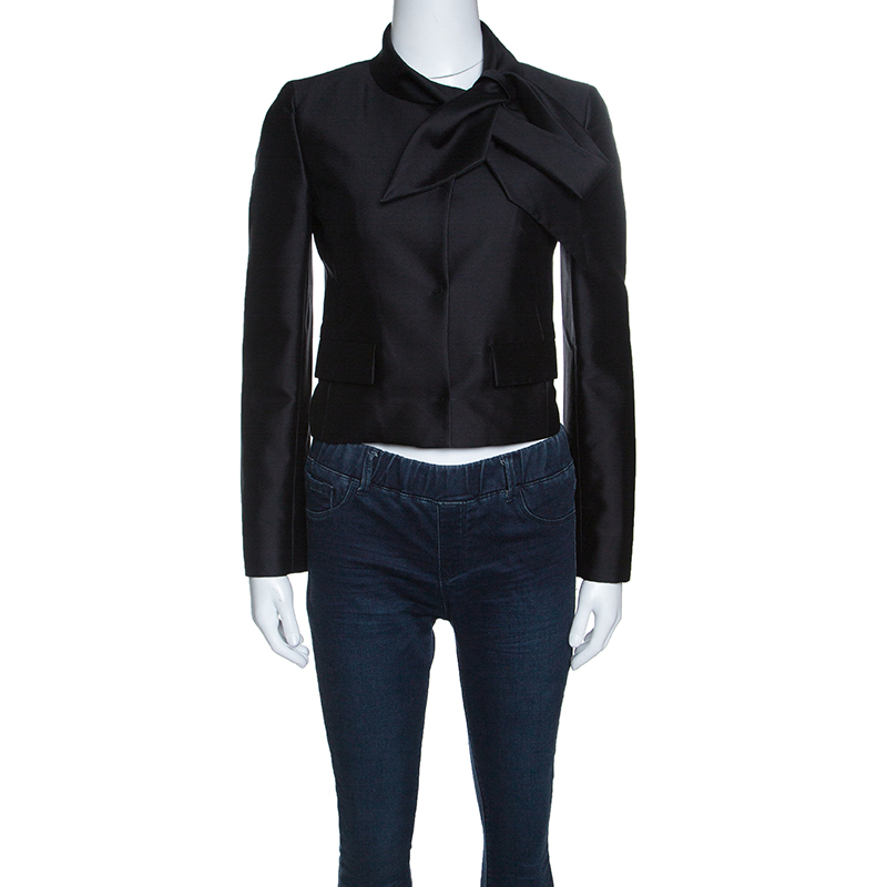 Pre Owned Valentino Black Silk Wool Neck Tie Detail Cropped Jacket S