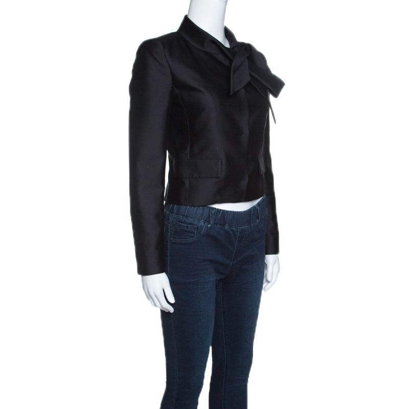 

Valentino Black Silk Wool Neck Tie Detail Cropped Jacket