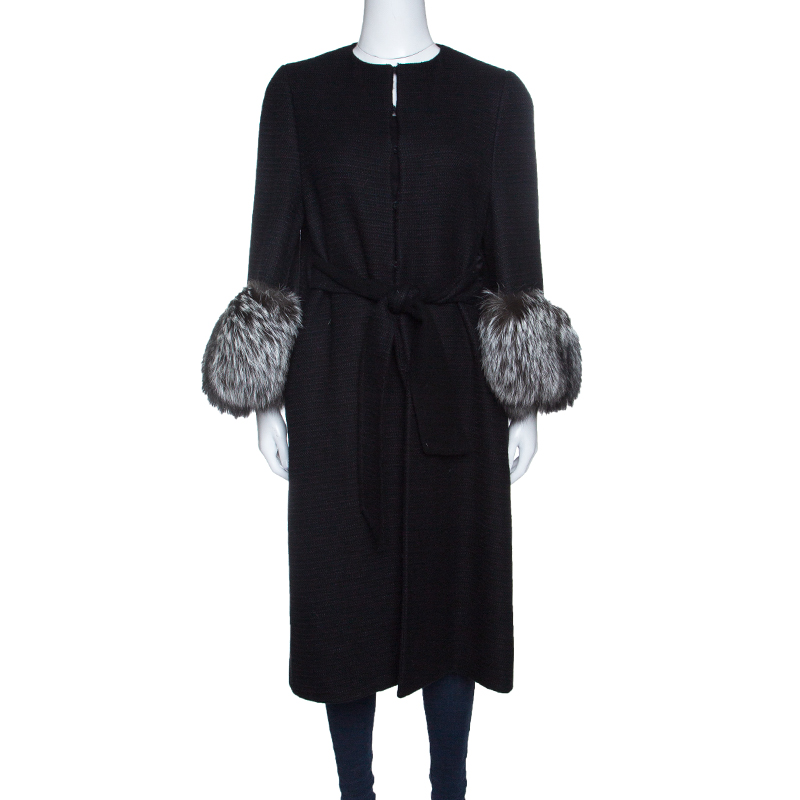 Pre Owned Valentino Black Wool Blend Fox Fur Trim Belted Overcoat M