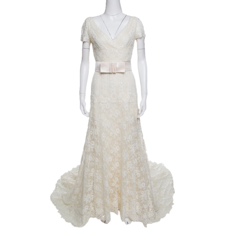 Valentino Sposa Cream Floral Beaded Lace Hesperides Sheath Wedding Gown M