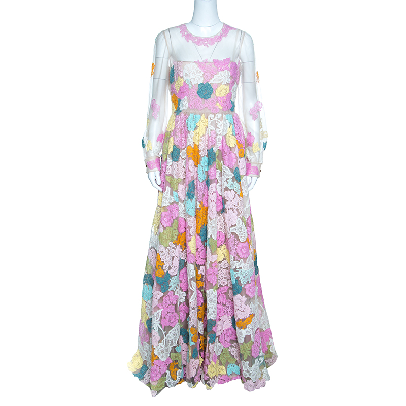 Pre Owned Valentino Multicolor Floral Lace Applique Long Sleeve Organza Gown M