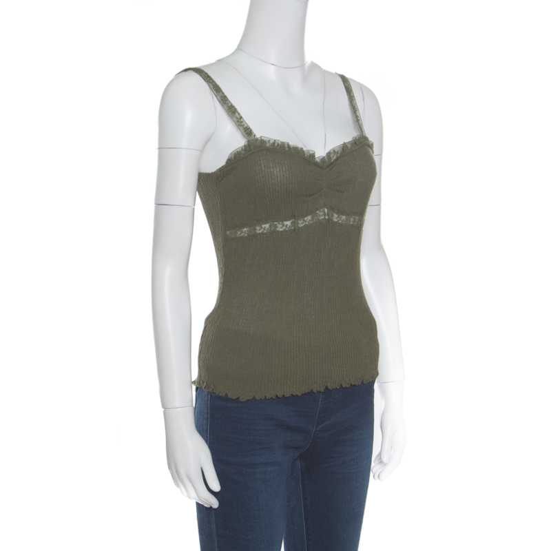 

Valentino Dark Green Rib Knit Lace Insert Detail Camisole