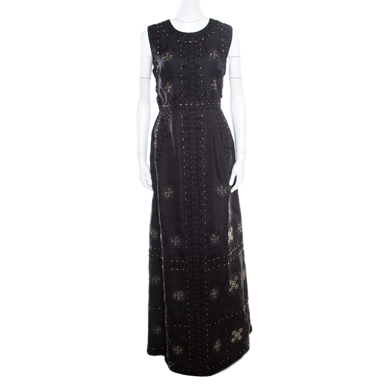 Pre Owned Valentino Black Silk Embellished Sleeveless Gown L