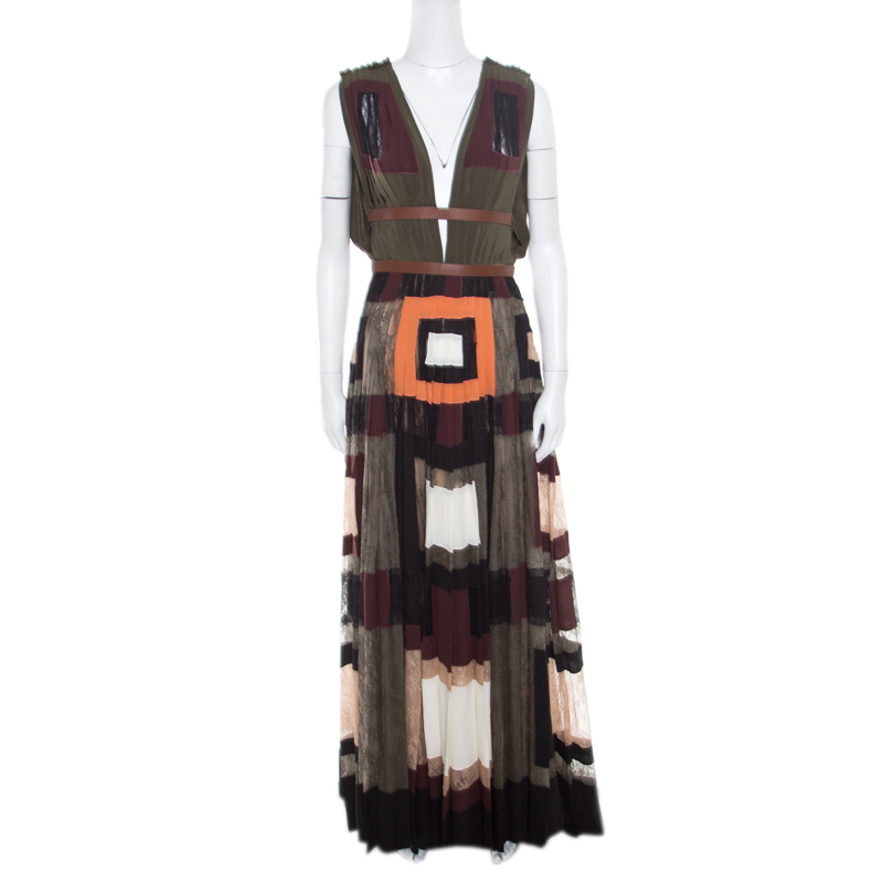 Pre Owned Valentino Colorblock Silk and Lace Paneled Leather Trim Plunge Neck Maxi Dress S