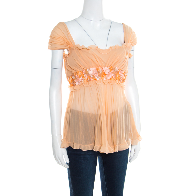 

Valentino Orange Mesh Insert Floral Applique Detail Plisse Silk Top