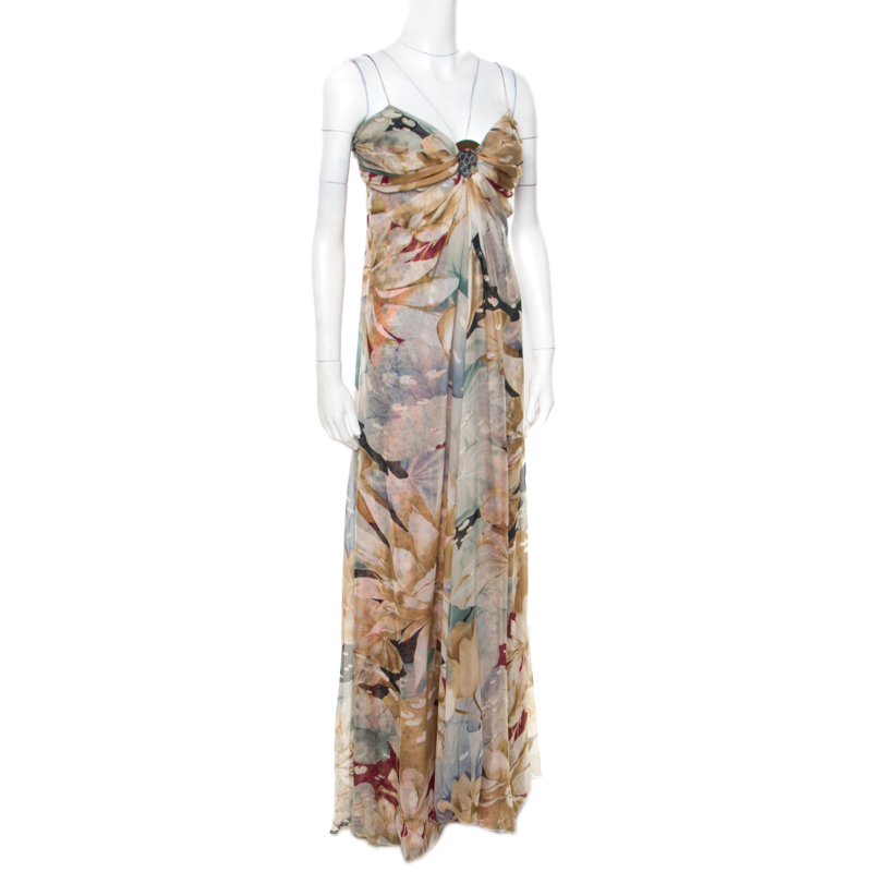 

Valentino Vintage Multicolor Floral and Hexagon Print Layered Silk Chiffon Gown