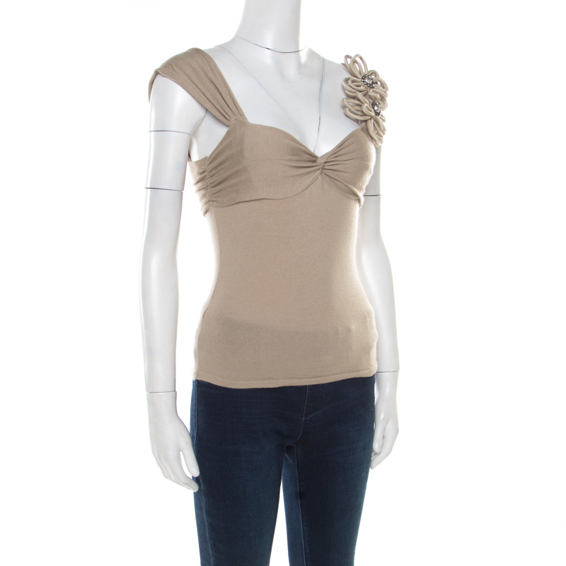 

Valentino Beige Wool and Cashmere Floral Embellished Sleeveless Twist Front Top