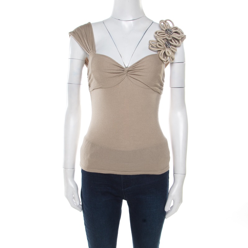 Pre Owned Valentino Beige Wool and Cashmere Floral Embellished Sleeveless Twist Front Top S
