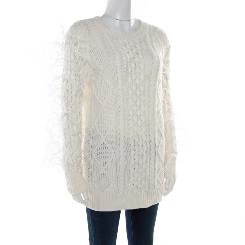 

Valentino Ivory Chunky Knit Wool Ostrich Feathered Full Sleeve Pullover, Cream