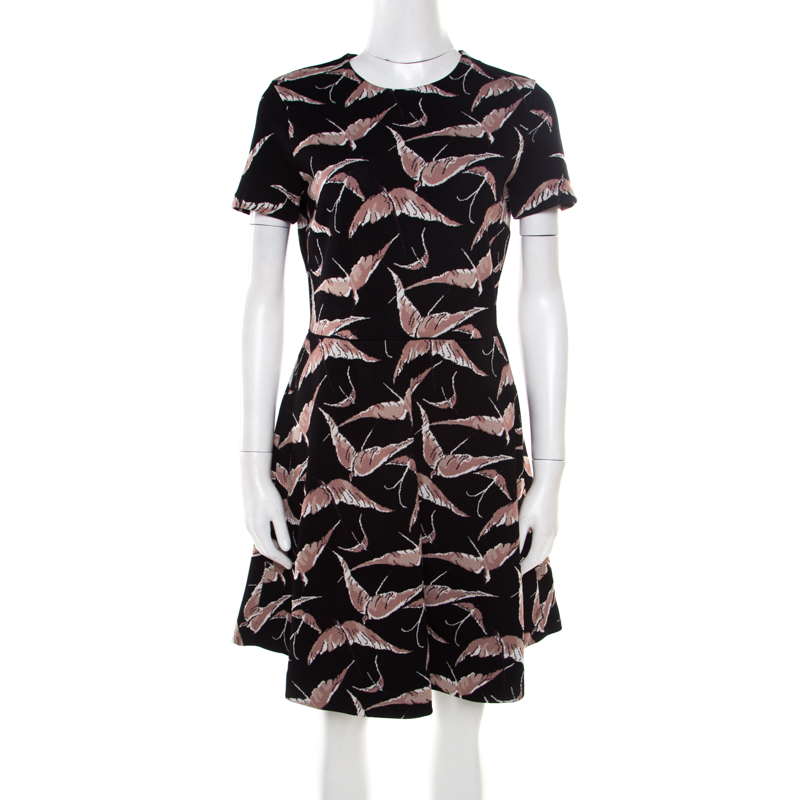 Pre Owned Valentino Black and Pink Bird Print Jacquard Knit Fit and Flare Dress M