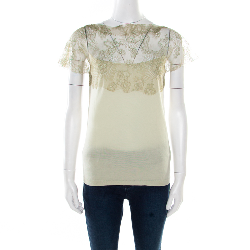 Pre Owned Valentino Mint Green Knit Floral Lace Overlay Boat Neck Top M