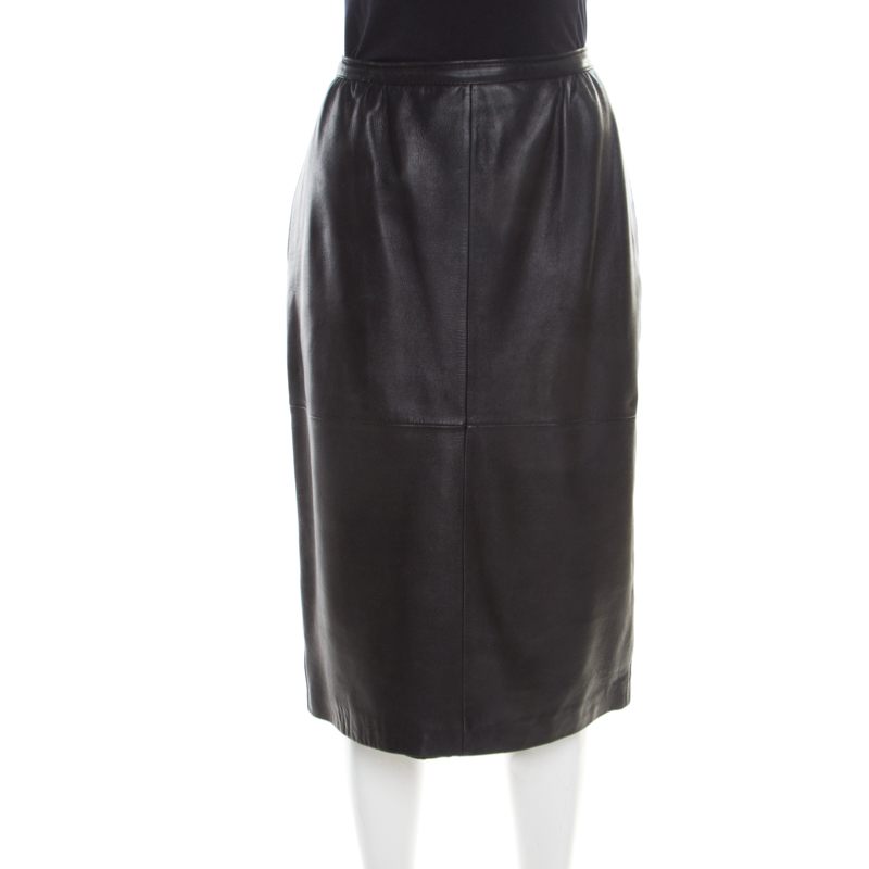 Pre Owned Valentino For Neiman Marcus Vintage Black Leather Midi Skirt M