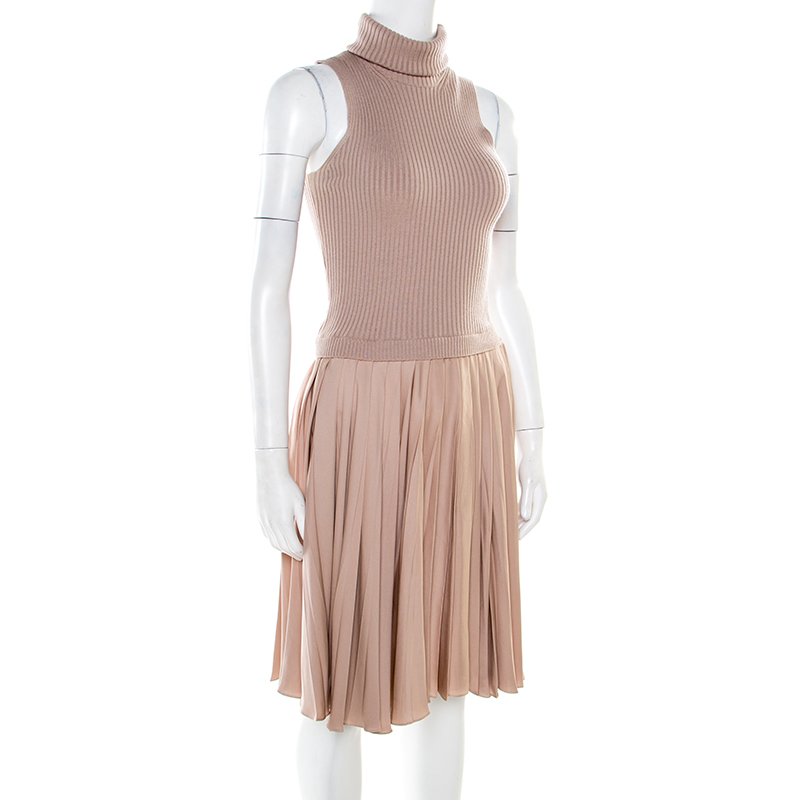 Pre-owned Valentino Beige Ribbed Wool And Silk Pleated Sleeveless Turtleneck Dress M
