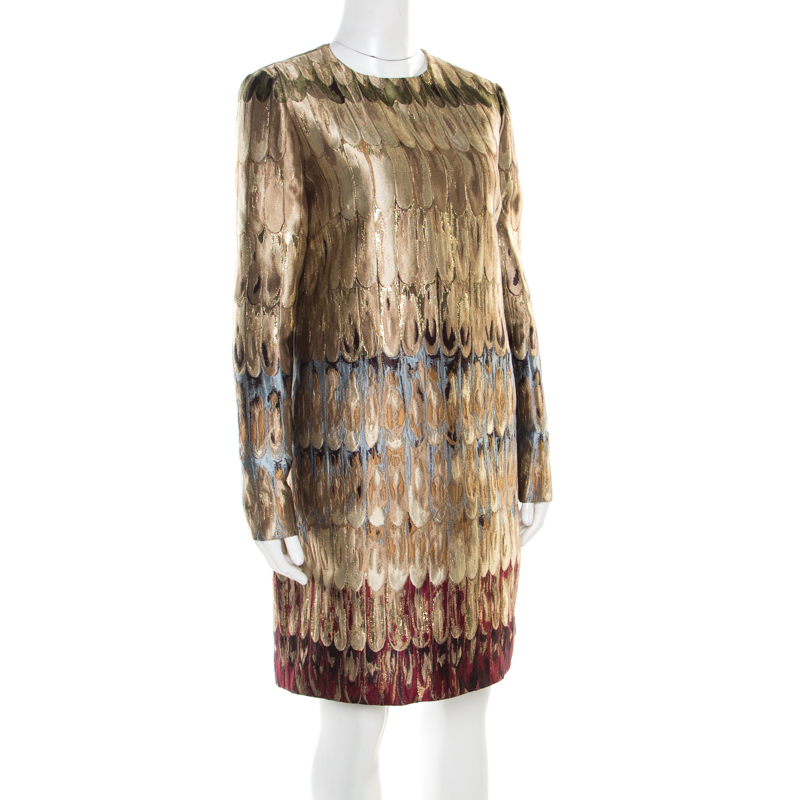 

Valentino Gold Feather Patterned Jacquard Lurex Insert Shift Dress