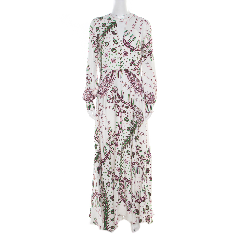 Pre Owned Valentino White Aztec Zandra Leopard Print Crepe Keyhole Neck Maxi Dress M