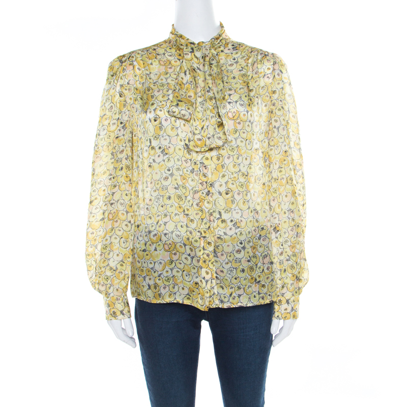 Pre Owned Valentino Multicolor Printed Silk Neck Tie Detail Long Sleeve Blouse M
