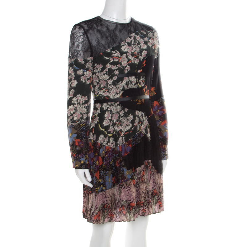 

Valentino Multicolor Garden Party Print Silk Chantilly Lace Paneled Pleated Dress
