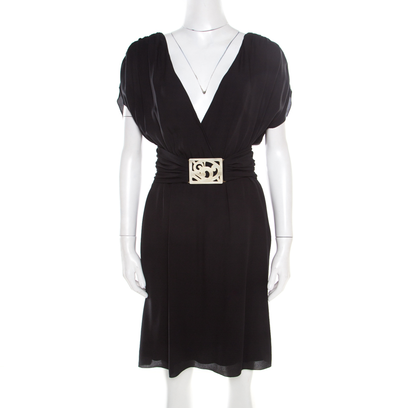 Valentino Black Silk Plunge Neck Buckle Detail Belted Dress M