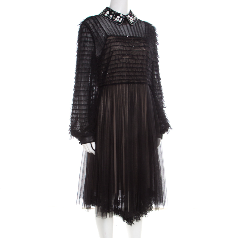 

Valentino Black and Beige Embellished Ruffled Bodice Detail Dress