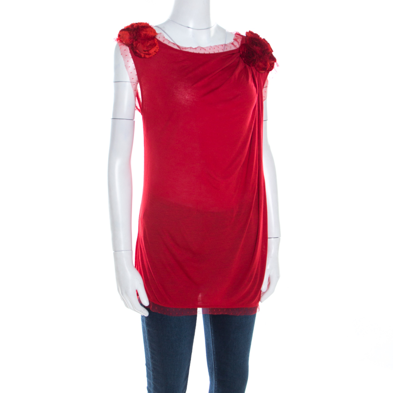 

Valentino T-Shirt Couture Red Jersey Floral Applique Detail Lace Trim Top