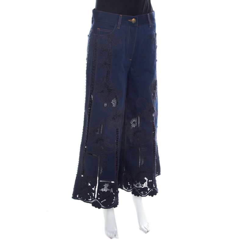 

Valentino Navy Blue Cotton and Lace Embroidered Flared Denim Jeans