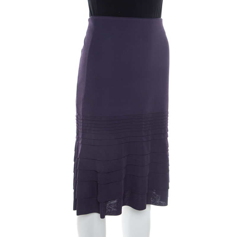 

Valentino Purple Rib Knit Tiered Pleat Detail A Line Skirt