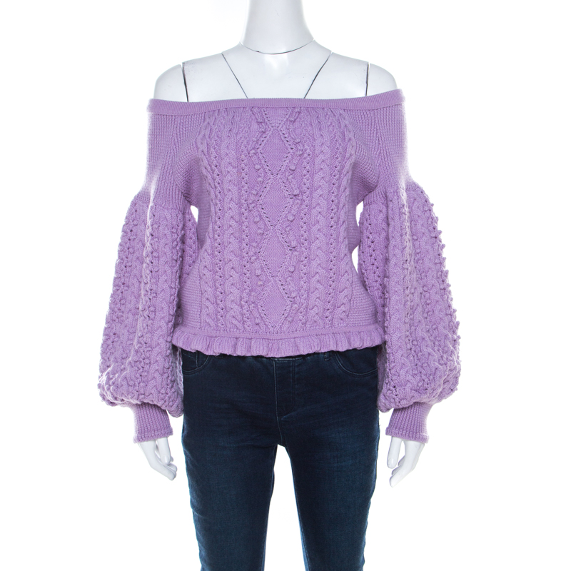 Pre Owned Valentino Lilac Cable Knit Wool Off Shoulder Sweater L