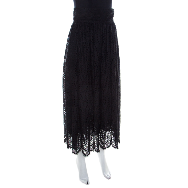 

Valentino Black Sangallo Embroidered Cotton Lace Scalloped Maxi Skirt