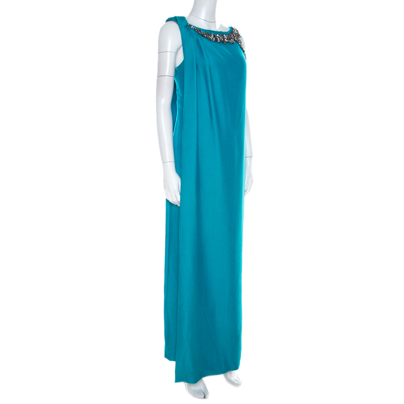 

Valentino Turquoise Blue Silk Blend Crystal Embellished Sleeveless Maxi Dress