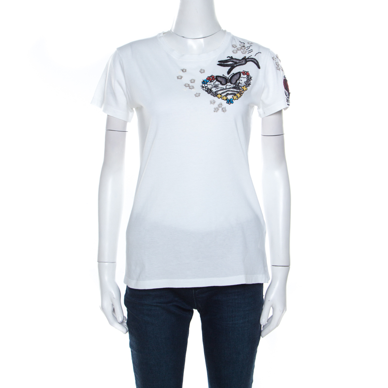 Pre Owned Valentino White Cotton Jersey Knit Heart and Bird Embellished T-Shirt S