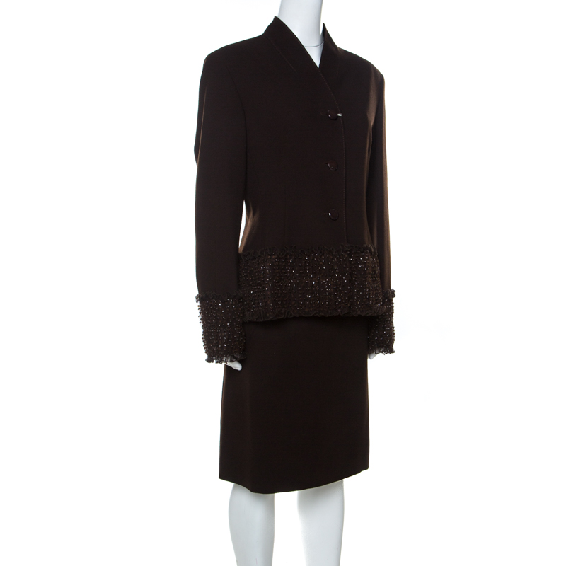 

Valentino Brown Wool Embellished Detail Skirt Suit