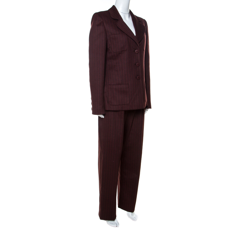 

Valentino Burgundy Pinstripe Cashmere Classic Tailored Pantsuit