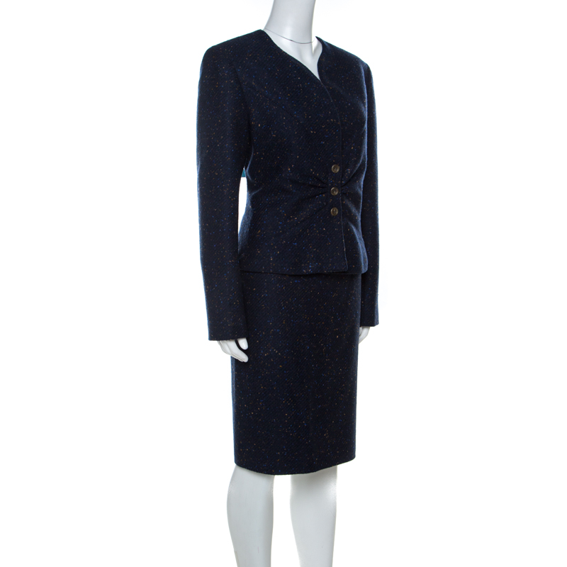 

Valentino Dark Blue Patterned Tweed Wool Blazer and Skirt Set