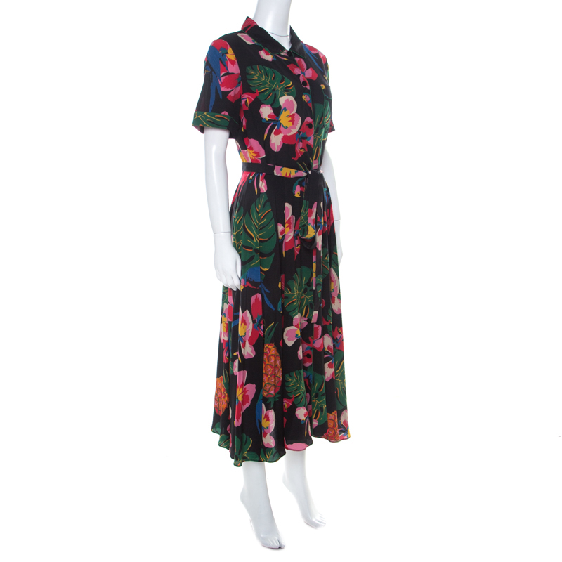 

Valentino Multicolor Tropical Print Silk Button Down Dress