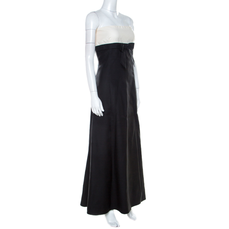 Pre-owned Valentino Black & White Wool & Silk Blend Bow Detail Tube Dress M